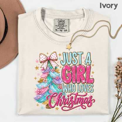 Just A Girl Who Loves Christmas Comfort Colors T Shirts Cute Colorful Christmas Tree Tee Pastel Pink Holiday Graphic Shirt Winter Hoodie