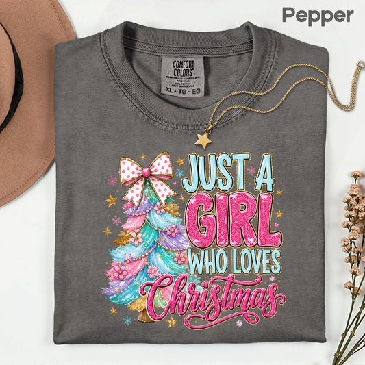 Just A Girl Who Loves Christmas Comfort Colors T Shirts Cute Colorful Christmas Tree Tee Pastel Pink Holiday Graphic Shirt Winter Hoodie