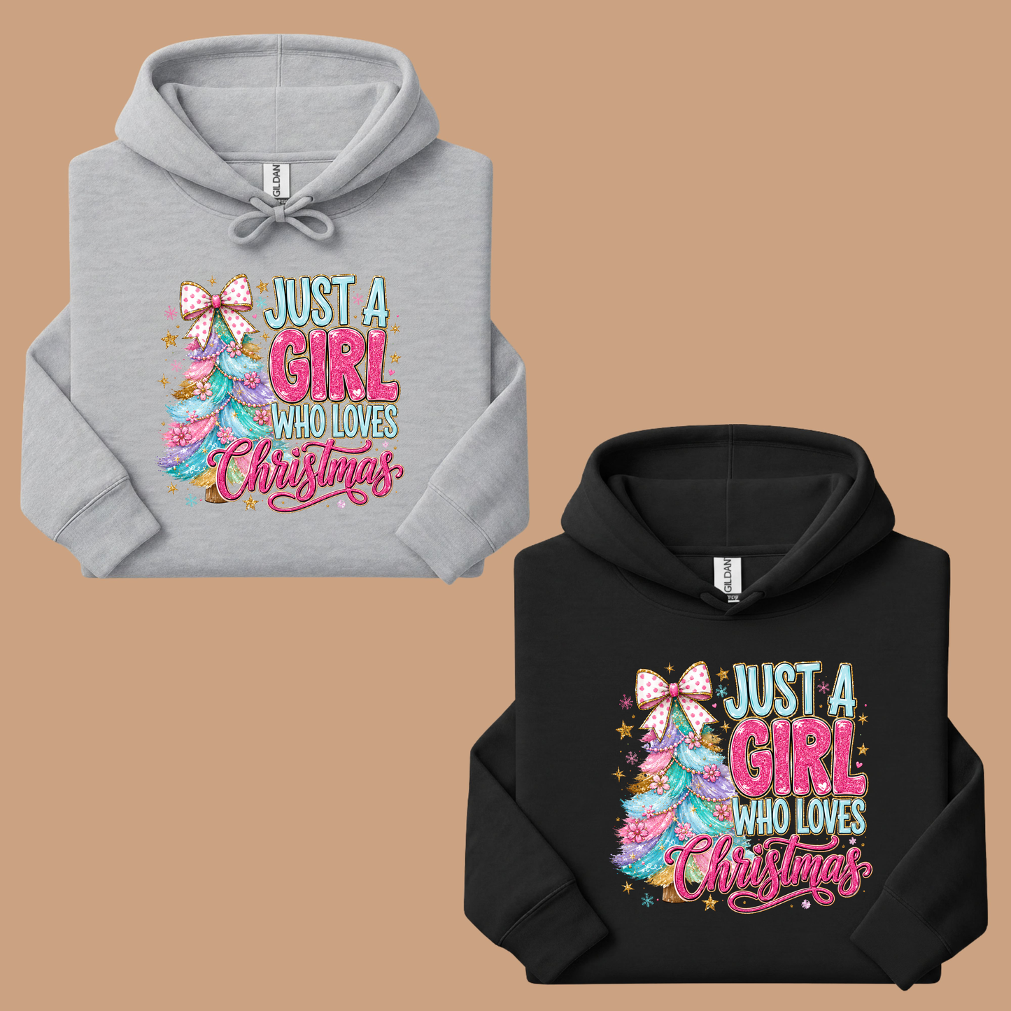 Just A Girl Who Loves Christmas Comfort Colors T Shirts Cute Colorful Christmas Tree Tee Pastel Pink Holiday Graphic Shirt Winter Hoodie