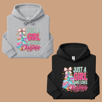 Just A Girl Who Loves Christmas Comfort Colors T Shirts Cute Colorful Christmas Tree Tee Pastel Pink Holiday Graphic Shirt Winter Hoodie