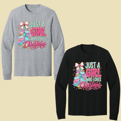 Just A Girl Who Loves Christmas Comfort Colors T Shirts Cute Colorful Christmas Tree Tee Pastel Pink Holiday Graphic Shirt Winter Hoodie