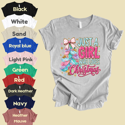 Just A Girl Who Loves Christmas Comfort Colors T Shirts Cute Colorful Christmas Tree Tee Pastel Pink Holiday Graphic Shirt Winter Hoodie