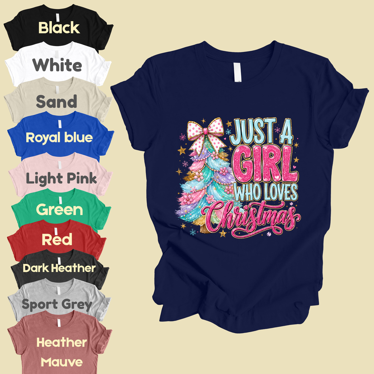 Just A Girl Who Loves Christmas Comfort Colors T Shirts Cute Colorful Christmas Tree Tee Pastel Pink Holiday Graphic Shirt Winter Hoodie