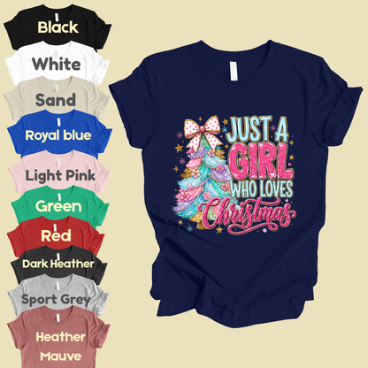 Just A Girl Who Loves Christmas Comfort Colors T Shirts Cute Colorful Christmas Tree Tee Pastel Pink Holiday Graphic Shirt Winter Hoodie