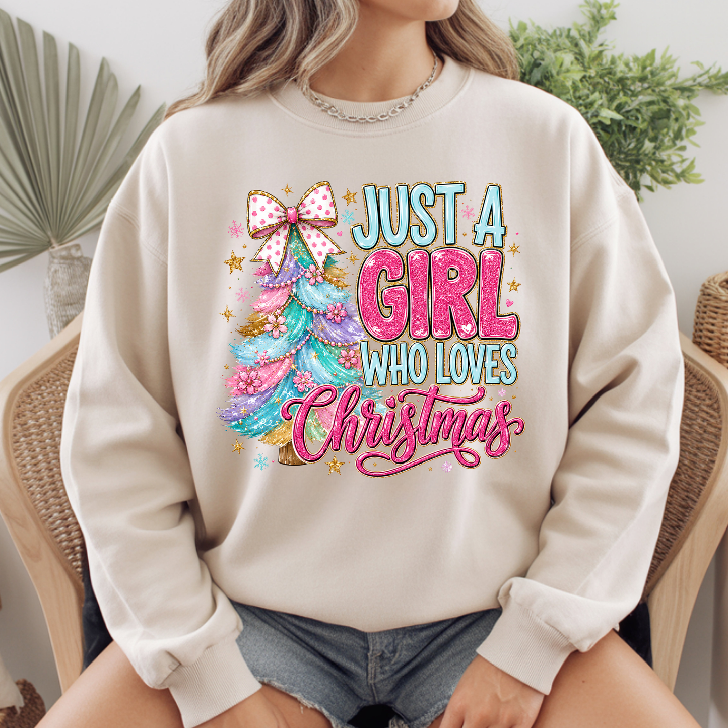 Just A Girl Who Loves Christmas Comfort Colors T Shirts Cute Colorful Christmas Tree Tee Pastel Pink Holiday Graphic Shirt Winter Hoodie