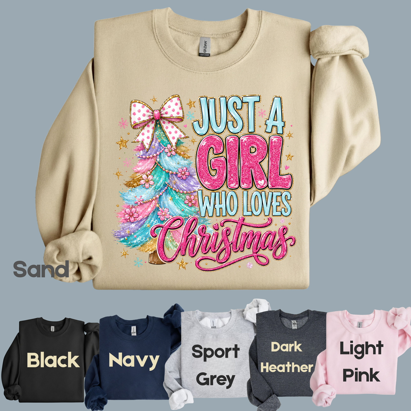 Just A Girl Who Loves Christmas Comfort Colors T Shirts Cute Colorful Christmas Tree Tee Pastel Pink Holiday Graphic Shirt Winter Hoodie