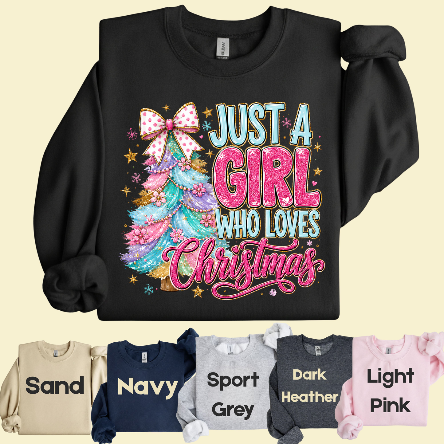 Just A Girl Who Loves Christmas Comfort Colors T Shirts Cute Colorful Christmas Tree Tee Pastel Pink Holiday Graphic Shirt Winter Hoodie