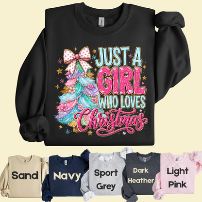 Just A Girl Who Loves Christmas Comfort Colors T Shirts Cute Colorful Christmas Tree Tee Pastel Pink Holiday Graphic Shirt Winter Hoodie