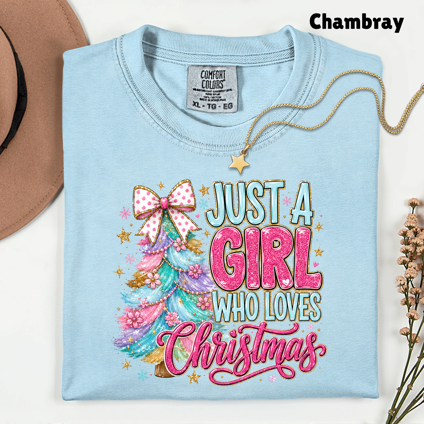 Just A Girl Who Loves Christmas Comfort Colors T Shirts Cute Colorful Christmas Tree Tee Pastel Pink Holiday Graphic Shirt Winter Hoodie