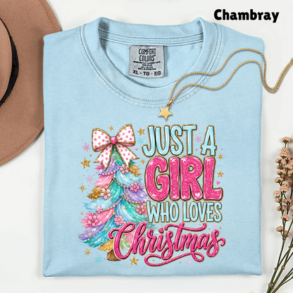 Just A Girl Who Loves Christmas Comfort Colors T Shirts Cute Colorful Christmas Tree Tee Pastel Pink Holiday Graphic Shirt Winter Hoodie