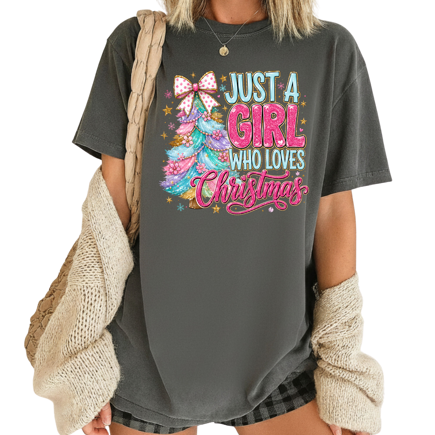 Just A Girl Who Loves Christmas Comfort Colors T Shirts Cute Colorful Christmas Tree Tee Pastel Pink Holiday Graphic Shirt Winter Hoodie