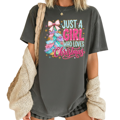 Just A Girl Who Loves Christmas Comfort Colors T Shirts Cute Colorful Christmas Tree Tee Pastel Pink Holiday Graphic Shirt Winter Hoodie