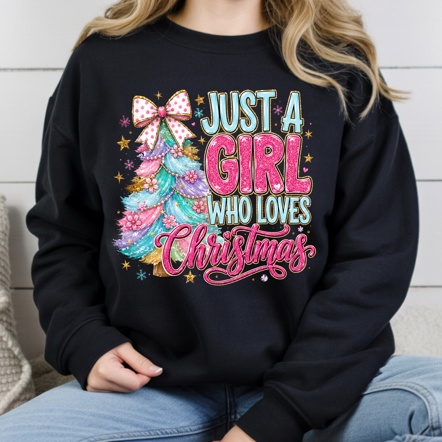 Just A Girl Who Loves Christmas Comfort Colors T Shirts Cute Colorful Christmas Tree Tee Pastel Pink Holiday Graphic Shirt Winter Hoodie