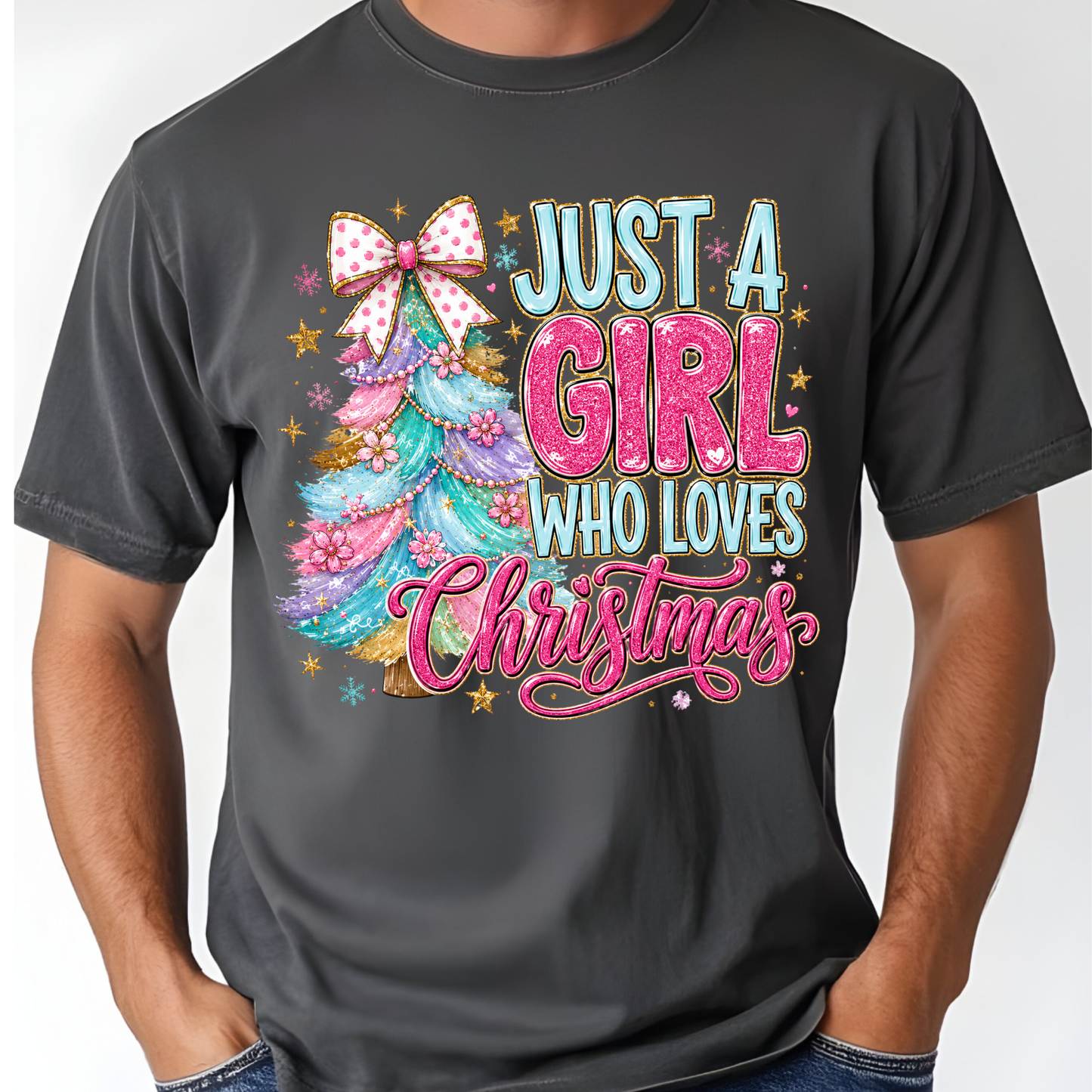 Just A Girl Who Loves Christmas Comfort Colors T Shirts Cute Colorful Christmas Tree Tee Pastel Pink Holiday Graphic Shirt Winter Hoodie