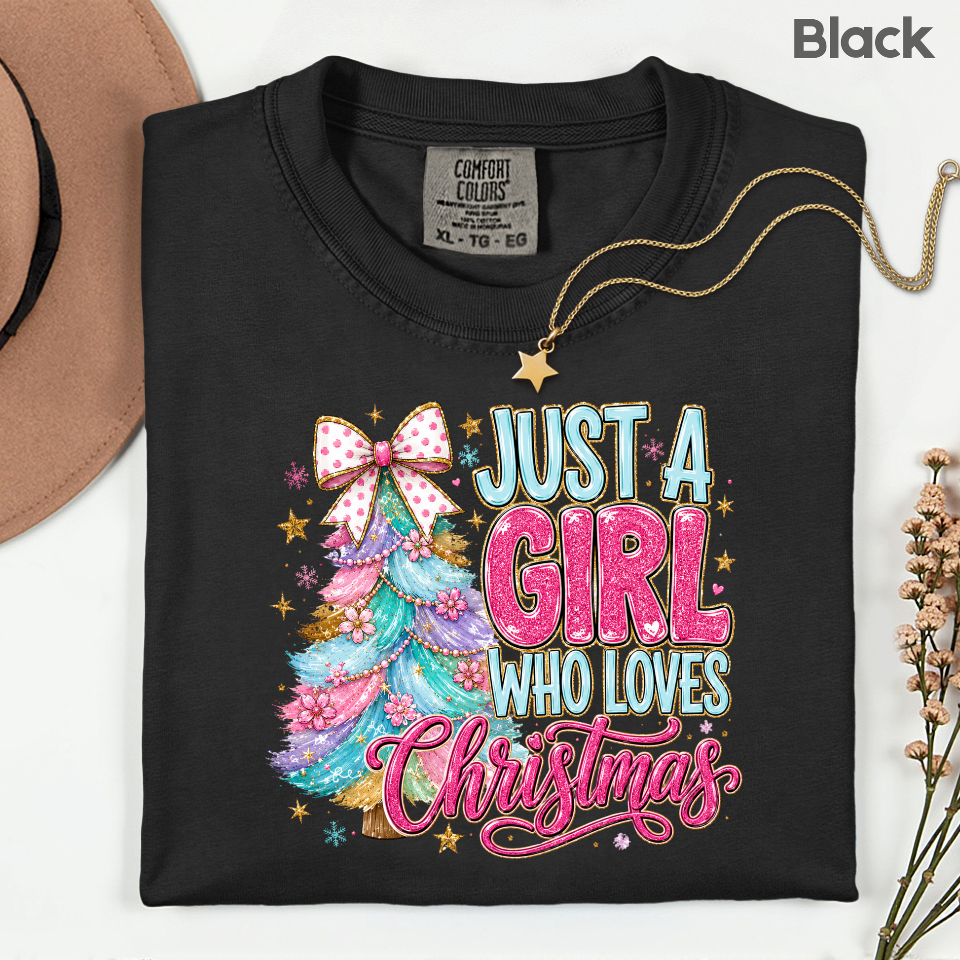 Just A Girl Who Loves Christmas Comfort Colors T Shirts Cute Colorful Christmas Tree Tee Pastel Pink Holiday Graphic Shirt Winter Hoodie