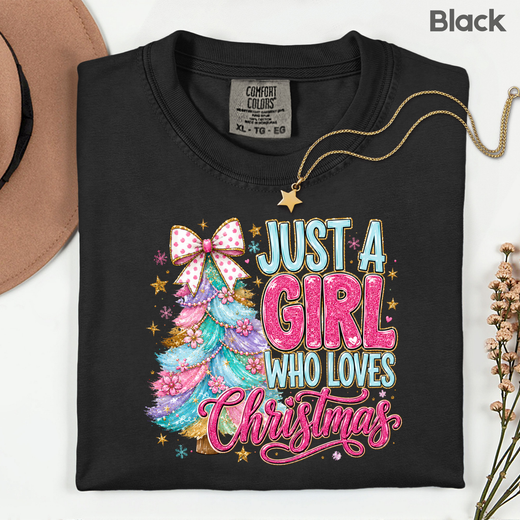 Just A Girl Who Loves Christmas Comfort Colors T Shirts Cute Colorful Christmas Tree Tee Pastel Pink Holiday Graphic Shirt Winter Hoodie