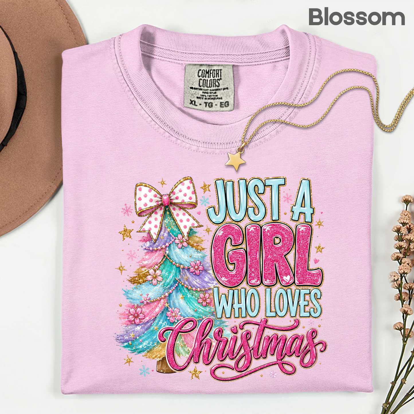 Just A Girl Who Loves Christmas Comfort Colors T Shirts Cute Colorful Christmas Tree Tee Pastel Pink Holiday Graphic Shirt Winter Hoodie