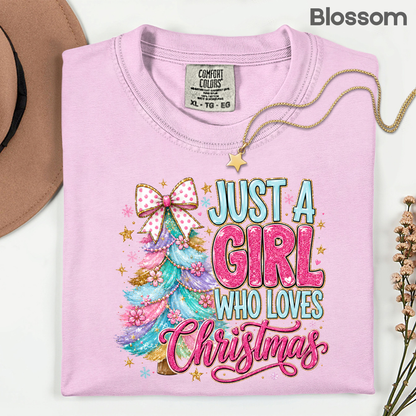 Just A Girl Who Loves Christmas Comfort Colors T Shirts Cute Colorful Christmas Tree Tee Pastel Pink Holiday Graphic Shirt Winter Hoodie