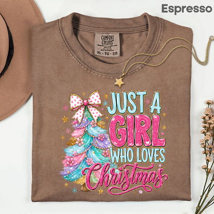 Just A Girl Who Loves Christmas Comfort Colors T Shirts Cute Colorful Christmas Tree Tee Pastel Pink Holiday Graphic Shirt Winter Hoodie