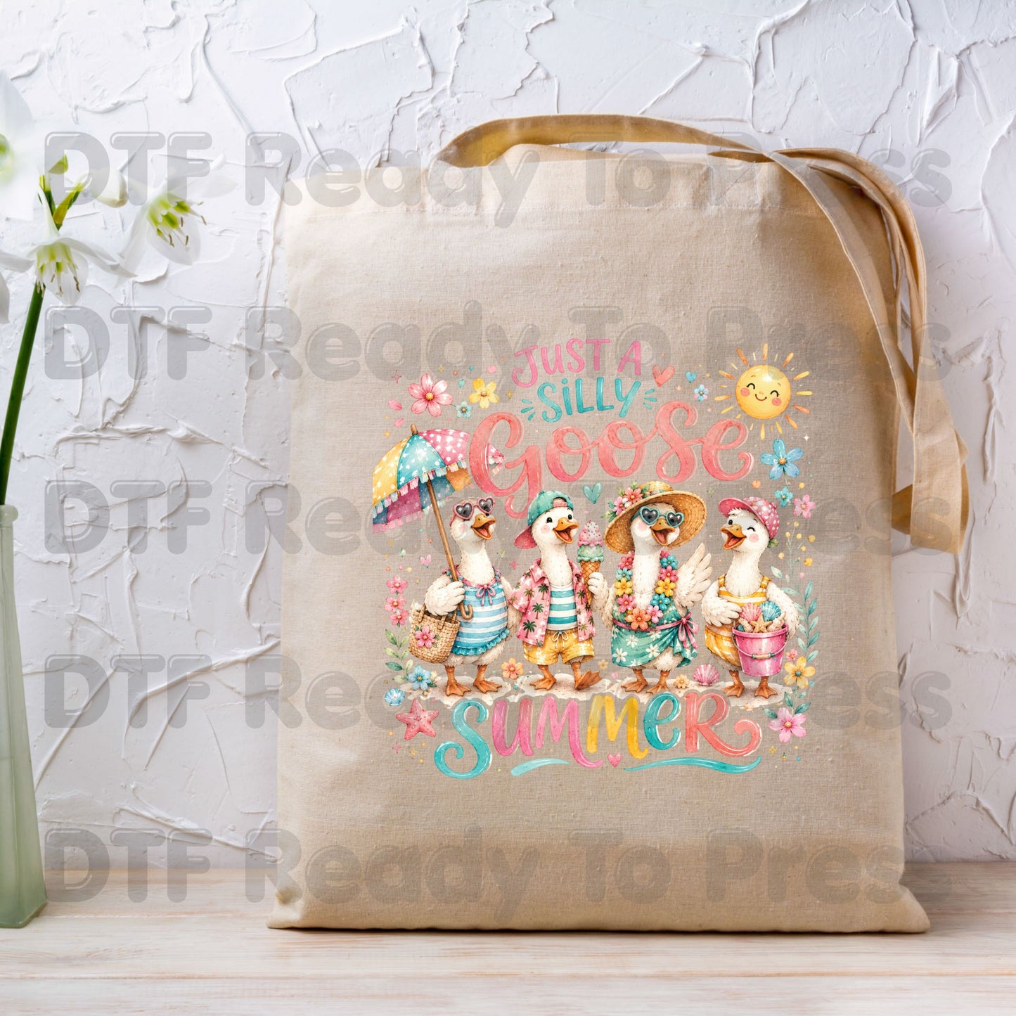 Just A Silly Goose Summer Retro Geese DTF Transfer Ready to Press Summer Vacation UV DTF Sticker Cute Beach Birds Heat Transfer for Shirts
