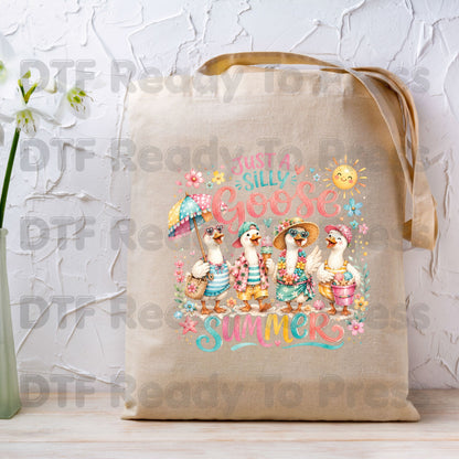 Just A Silly Goose Summer Retro Geese DTF Transfer Ready to Press Summer Vacation UV DTF Sticker Cute Beach Birds Heat Transfer for Shirts