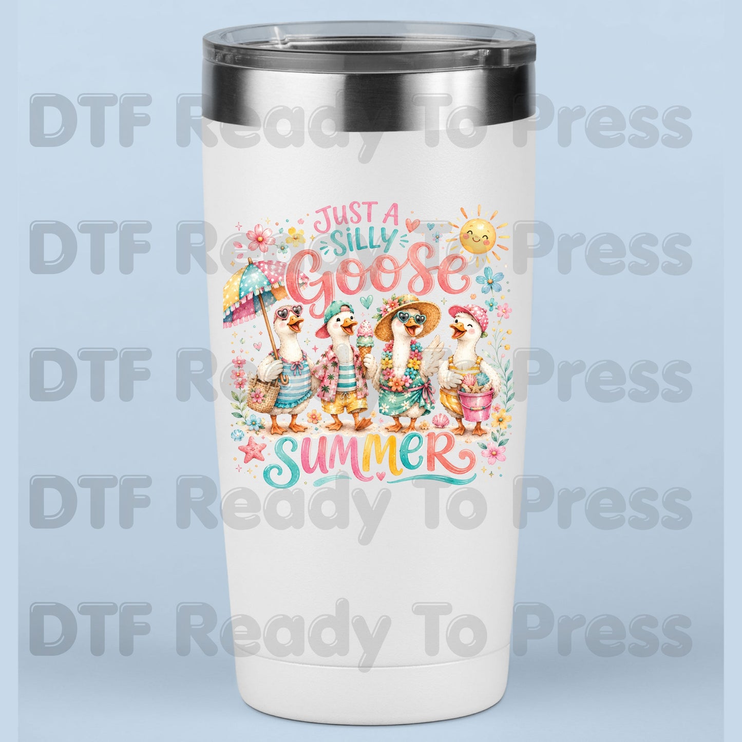 Just A Silly Goose Summer Retro Geese DTF Transfer Ready to Press Summer Vacation UV DTF Sticker Cute Beach Birds Heat Transfer for Shirts