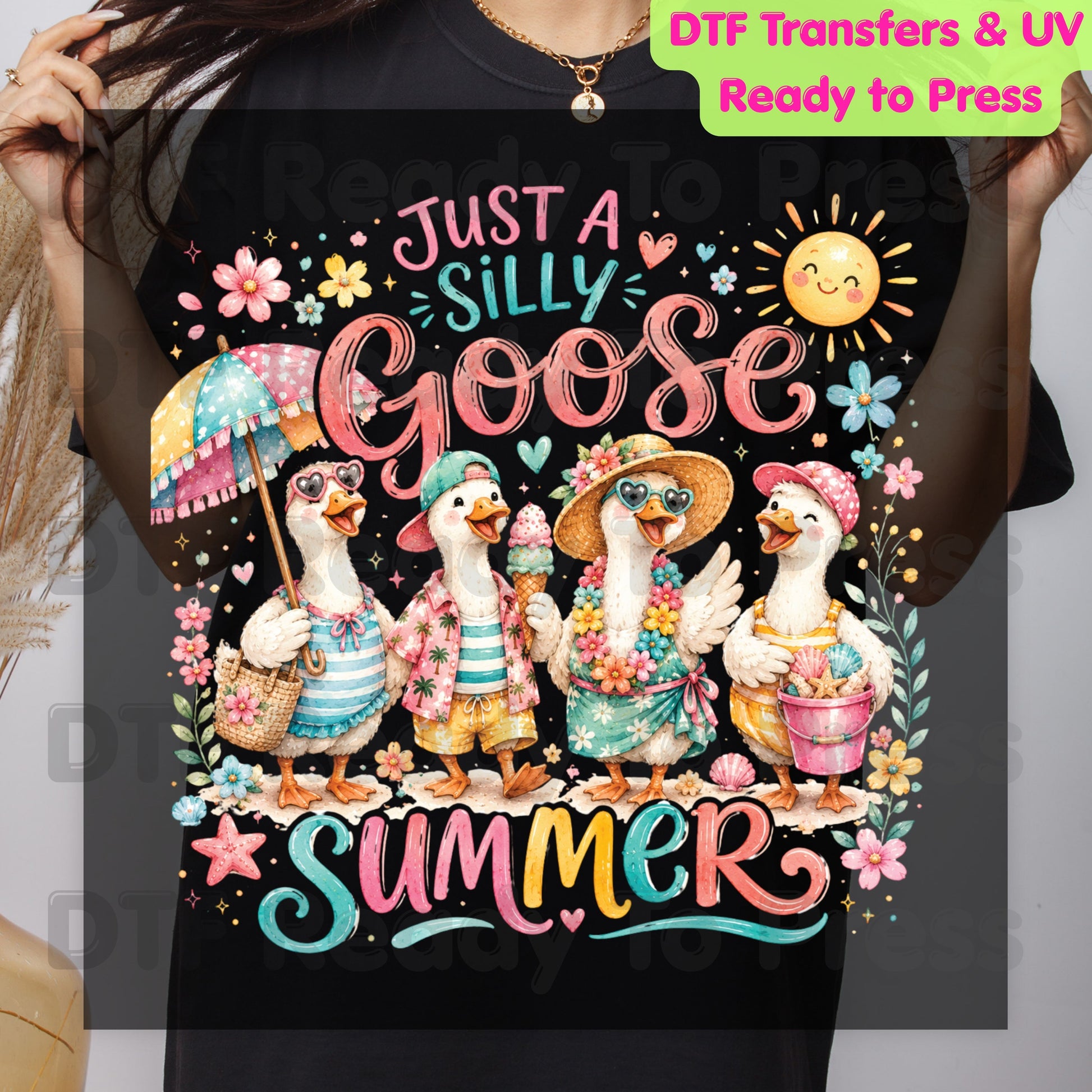 Just A Silly Goose Summer Retro Geese DTF Transfer Ready to Press Summer Vacation UV DTF Sticker Cute Beach Birds Heat Transfer for Shirts