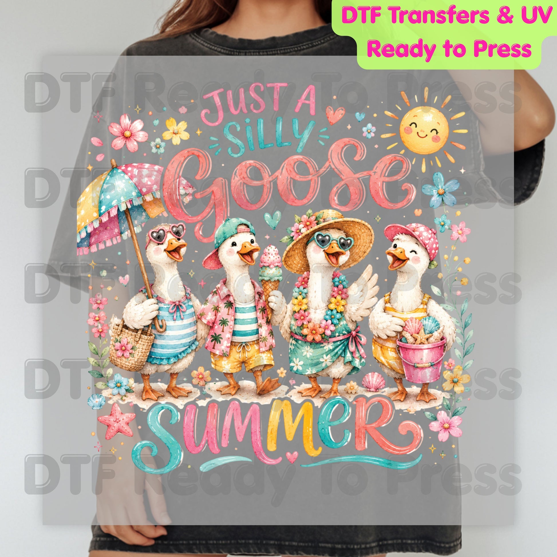 Just A Silly Goose Summer Retro Geese DTF Transfer Ready to Press Summer Vacation UV DTF Sticker Cute Beach Birds Heat Transfer for Shirts