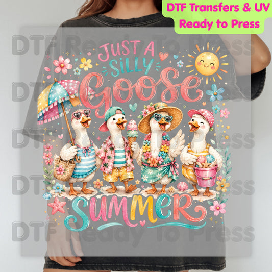 Just A Silly Goose Summer Retro Geese DTF Transfer Ready to Press Summer Vacation UV DTF Sticker Cute Beach Birds Heat Transfer for Shirts
