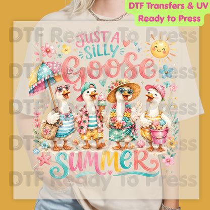 Just A Silly Goose Summer Retro Geese DTF Transfer Ready to Press Summer Vacation UV DTF Sticker Cute Beach Birds Heat Transfer for Shirts