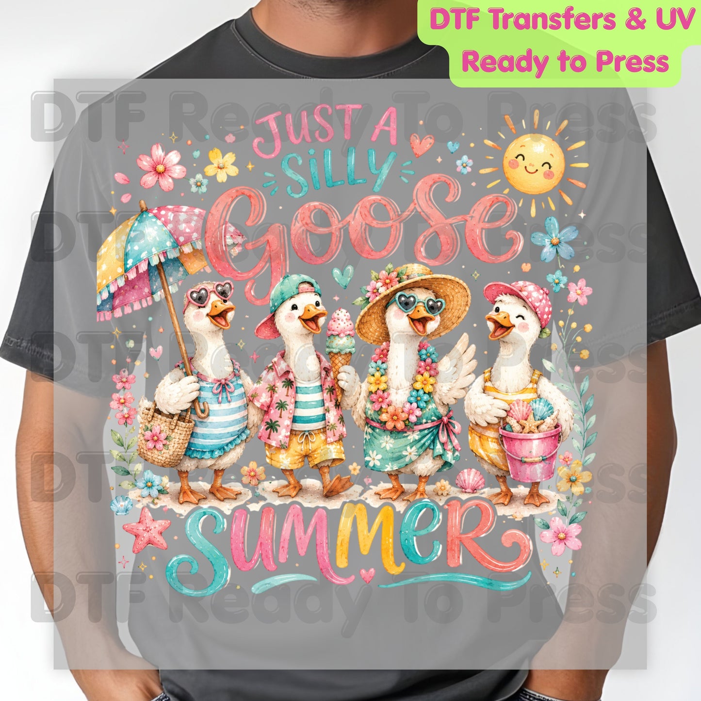 Just A Silly Goose Summer Retro Geese DTF Transfer Ready to Press Summer Vacation UV DTF Sticker Cute Beach Birds Heat Transfer for Shirts