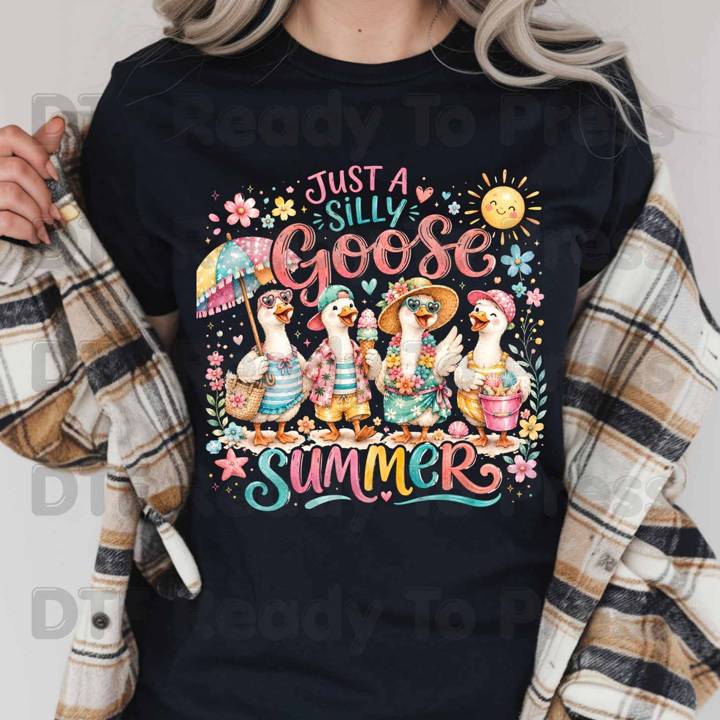Just A Silly Goose Summer Retro Geese DTF Transfer Ready to Press Summer Vacation UV DTF Sticker Cute Beach Birds Heat Transfer for Shirts