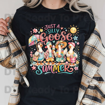 Just A Silly Goose Summer Retro Geese DTF Transfer Ready to Press Summer Vacation UV DTF Sticker Cute Beach Birds Heat Transfer for Shirts