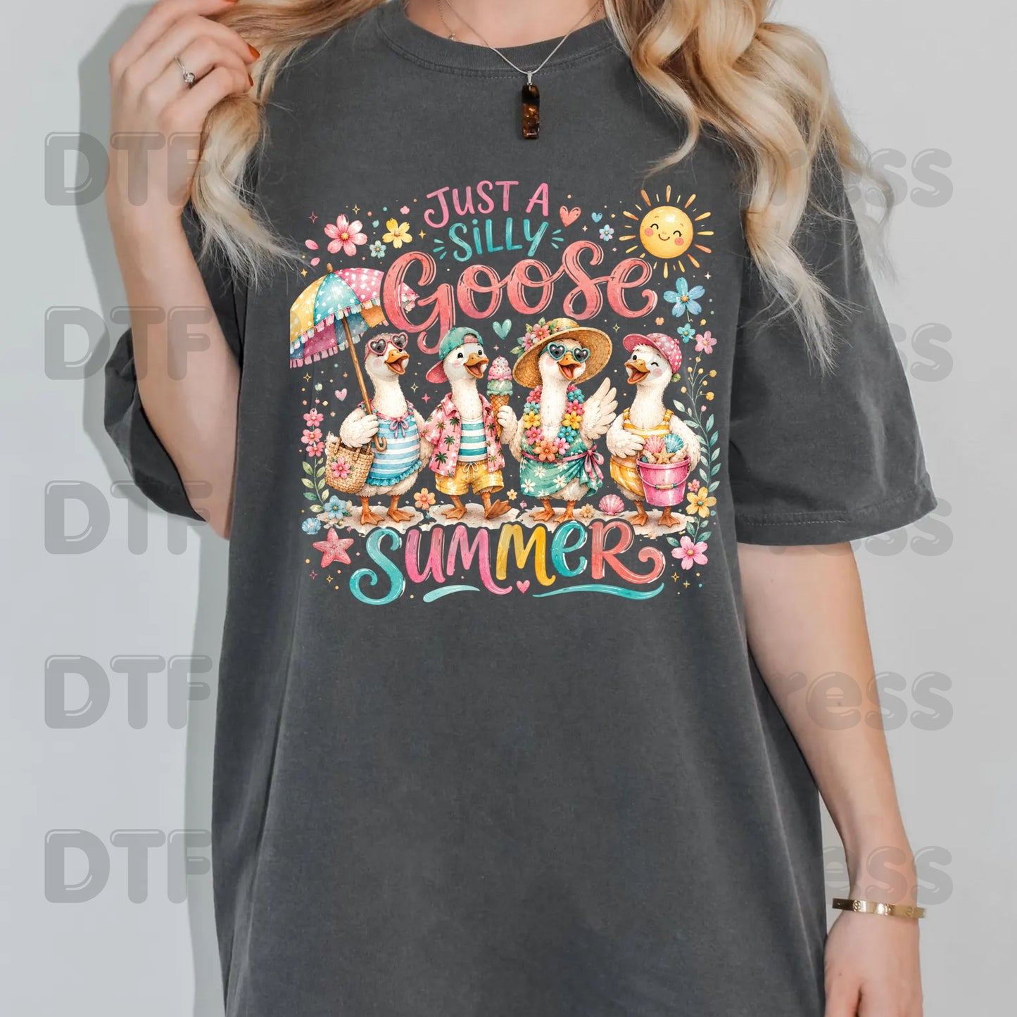 Just A Silly Goose Summer Retro Geese DTF Transfer Ready to Press Summer Vacation UV DTF Sticker Cute Beach Birds Heat Transfer for Shirts