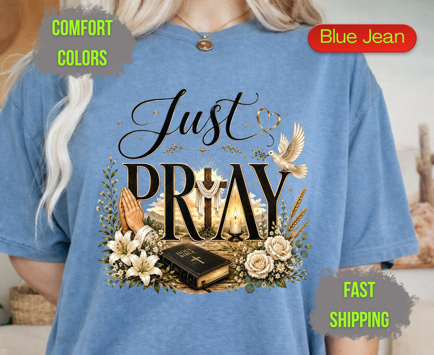 Just Pray Comfort Colors T Shirts Christian Wooden Cross Tee Cute Praying Hands Graphic Shirt Religious Easter Holy Bible Flowers Gifts