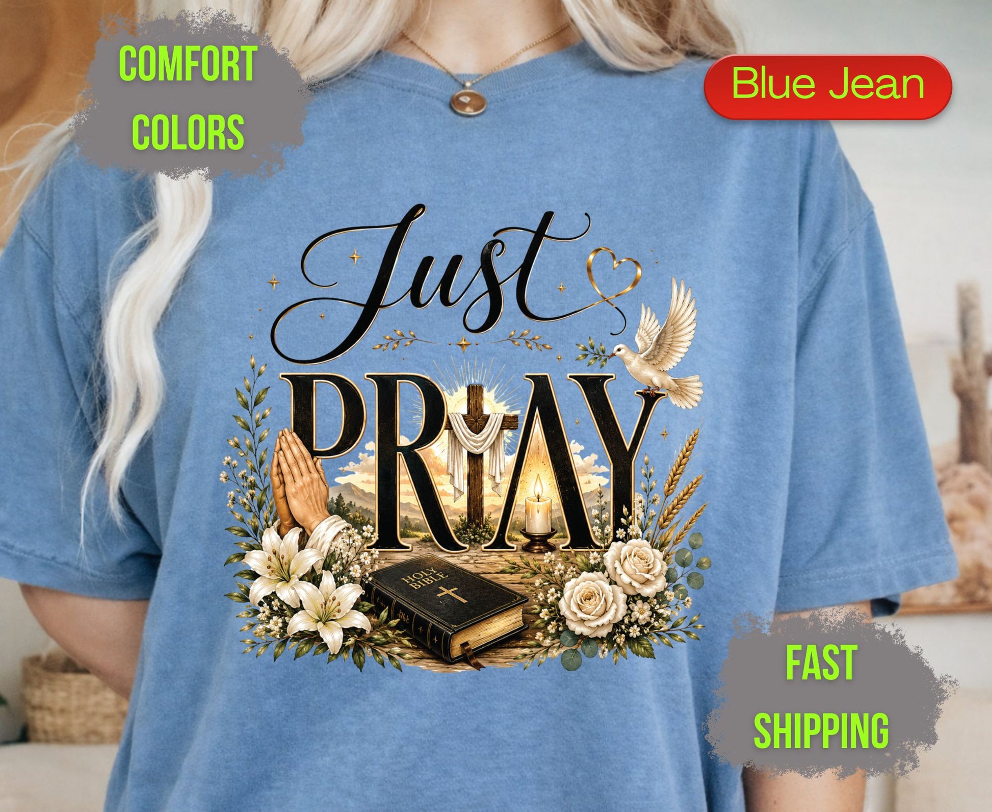 Just Pray Comfort Colors T Shirts Christian Wooden Cross Tee Cute Praying Hands Graphic Shirt Religious Easter Holy Bible Flowers Gifts