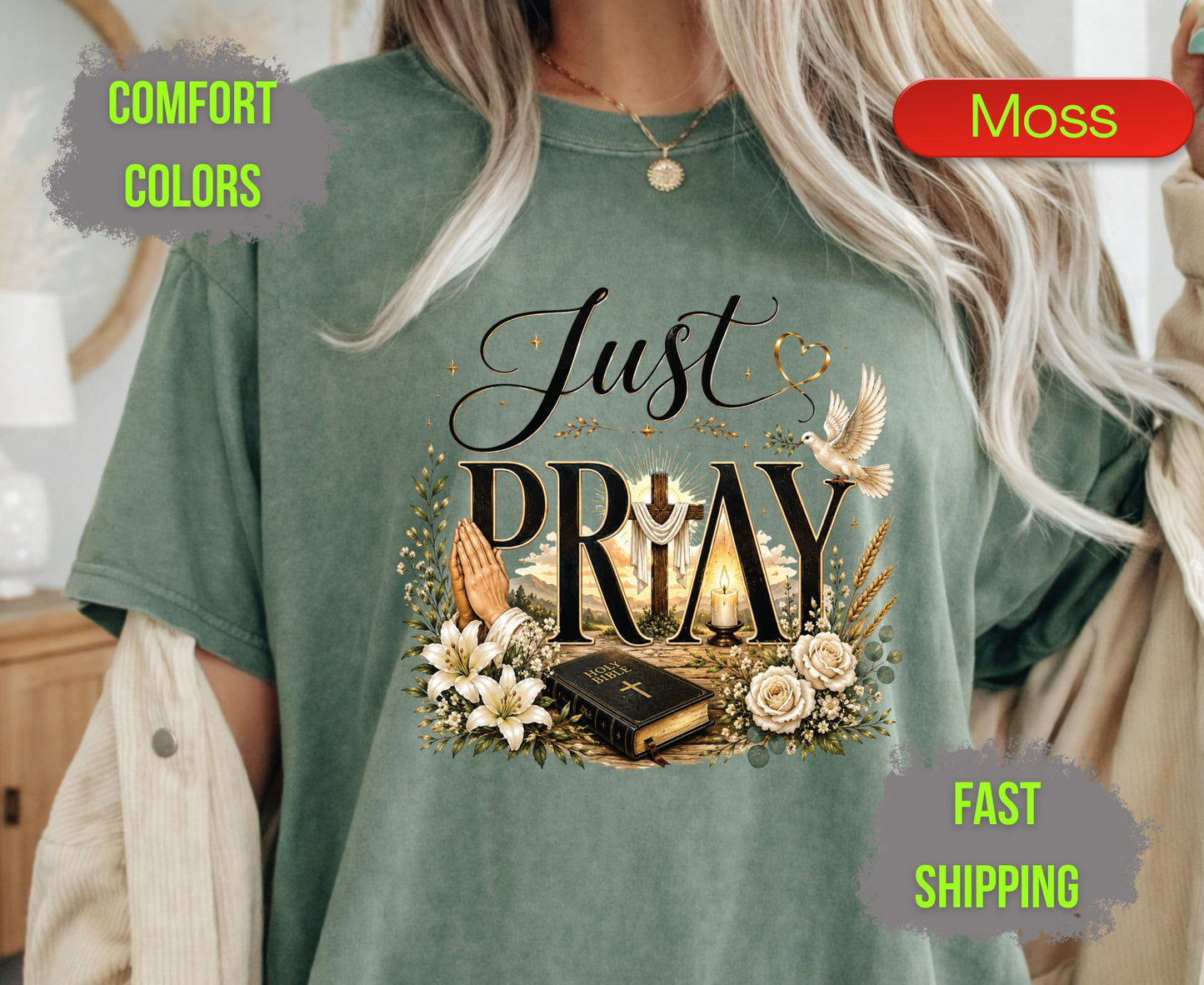 Just Pray Comfort Colors T Shirts Christian Wooden Cross Tee Cute Praying Hands Graphic Shirt Religious Easter Holy Bible Flowers Gifts