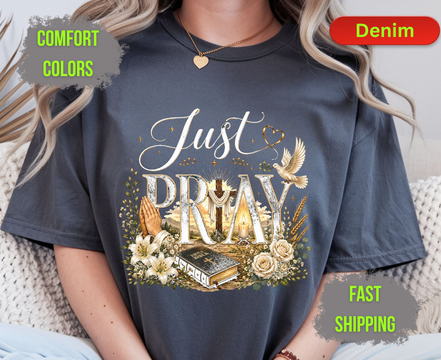Just Pray Comfort Colors T Shirts Christian Wooden Cross Tee Cute Praying Hands Graphic Shirt Religious Easter Holy Bible Flowers Gifts
