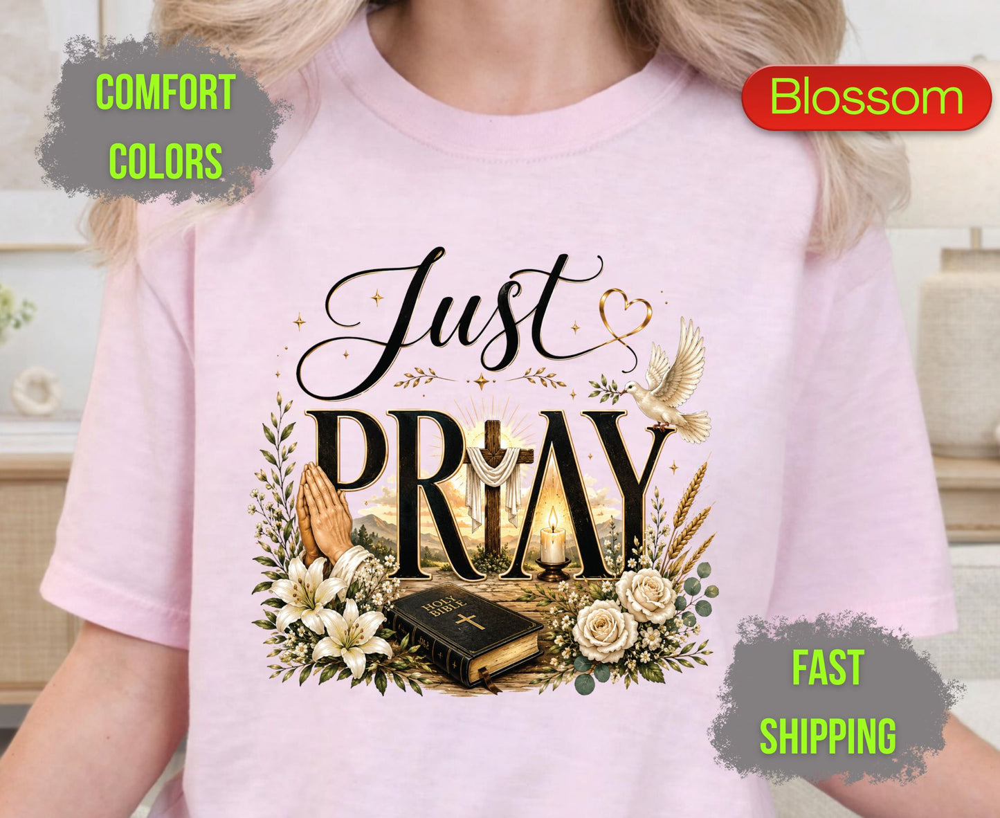 Just Pray Comfort Colors T Shirts Christian Wooden Cross Tee Cute Praying Hands Graphic Shirt Religious Easter Holy Bible Flowers Gifts