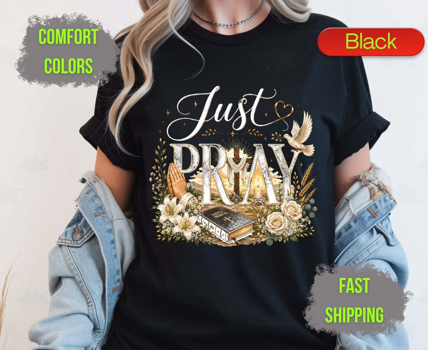 Just Pray Comfort Colors T Shirts Christian Wooden Cross Tee Cute Praying Hands Graphic Shirt Religious Easter Holy Bible Flowers Gifts