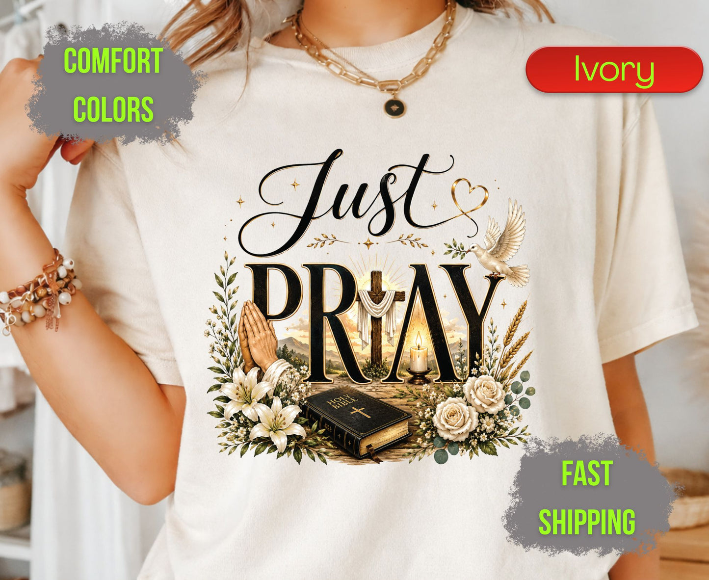 Just Pray Comfort Colors T Shirts Christian Wooden Cross Tee Cute Praying Hands Graphic Shirt Religious Easter Holy Bible Flowers Gifts