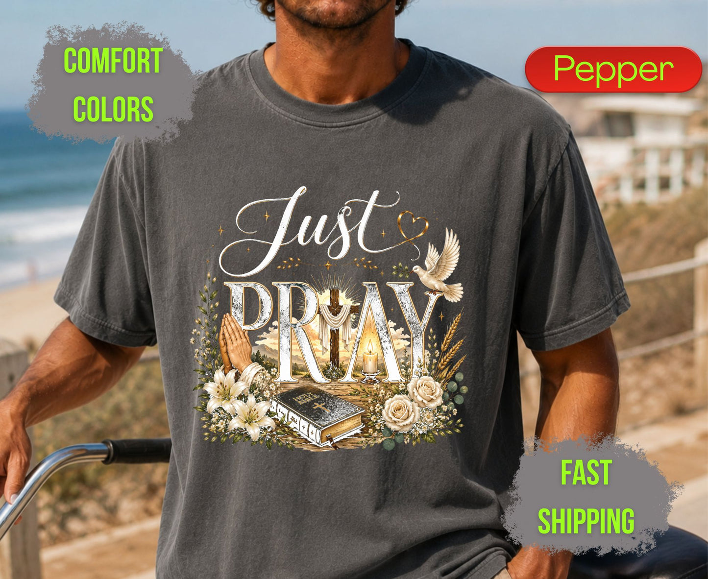 Just Pray Comfort Colors T Shirts Christian Wooden Cross Tee Cute Praying Hands Graphic Shirt Religious Easter Holy Bible Flowers Gifts