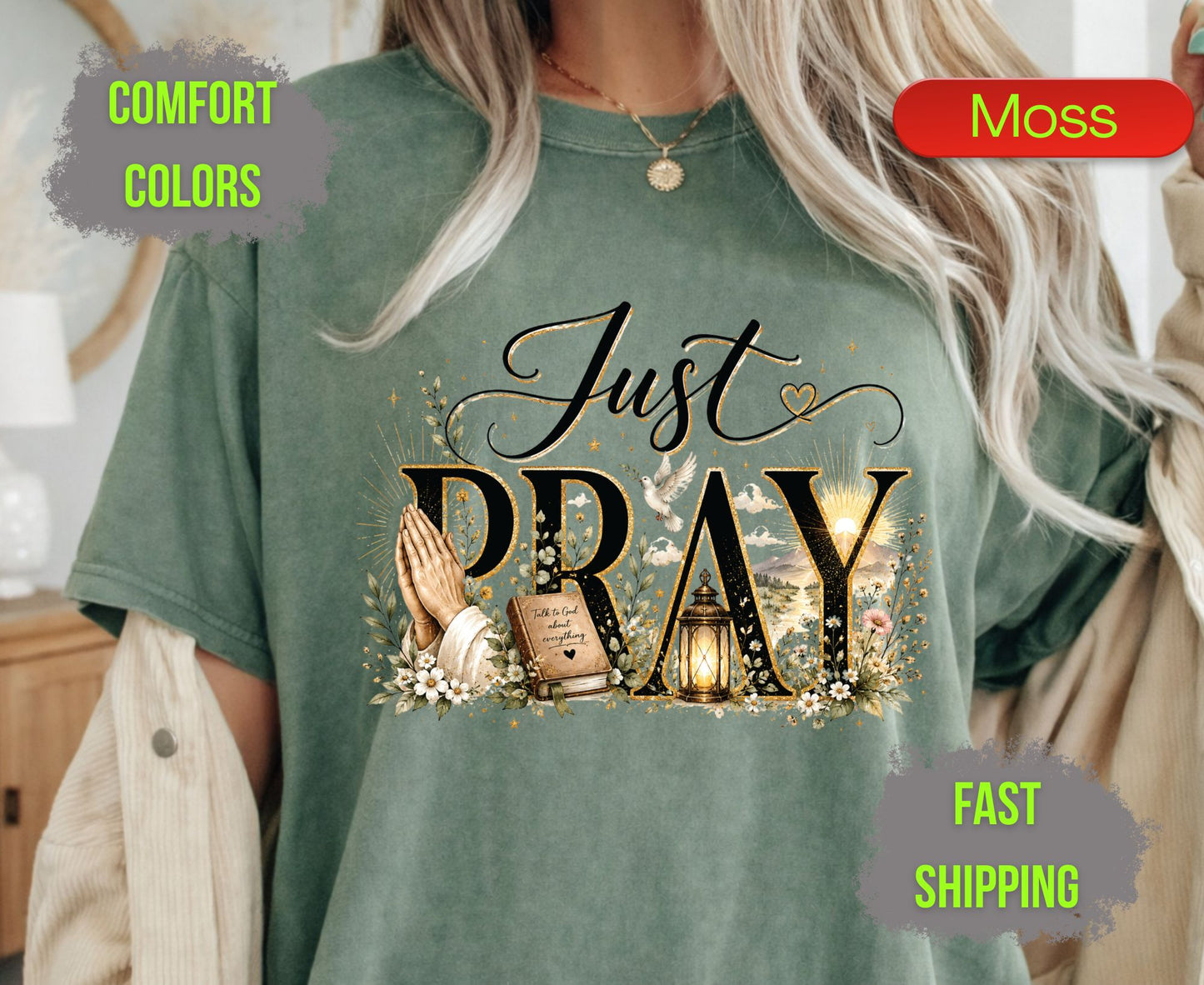 Just Pray Comfort Colors T Shirts Cute Christian Praying Hands Tee Religious Holy Bible Graphic Shirt Inspirational Faith Grace Gifts