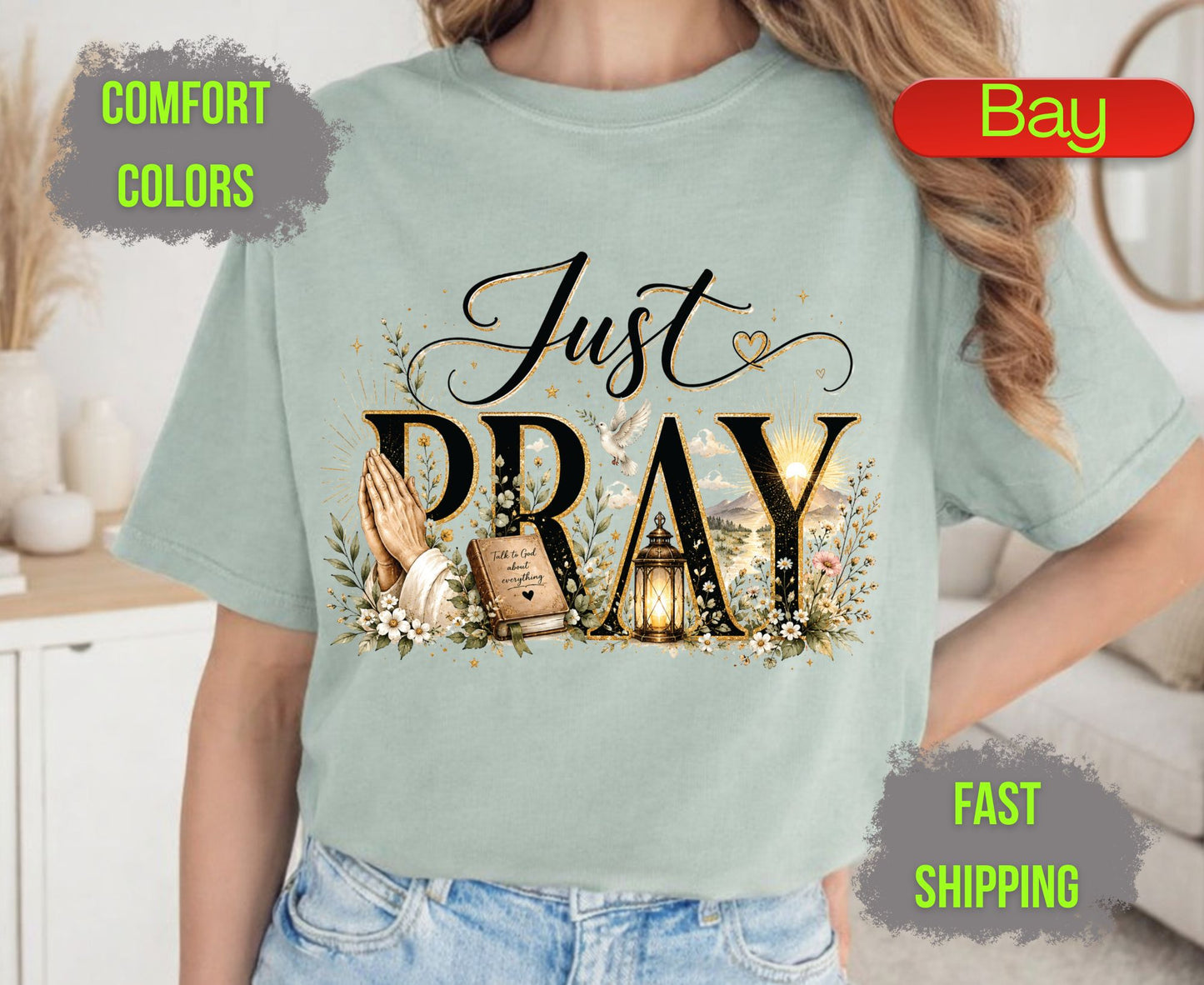 Just Pray Comfort Colors T Shirts Cute Christian Praying Hands Tee Religious Holy Bible Graphic Shirt Inspirational Faith Grace Gifts