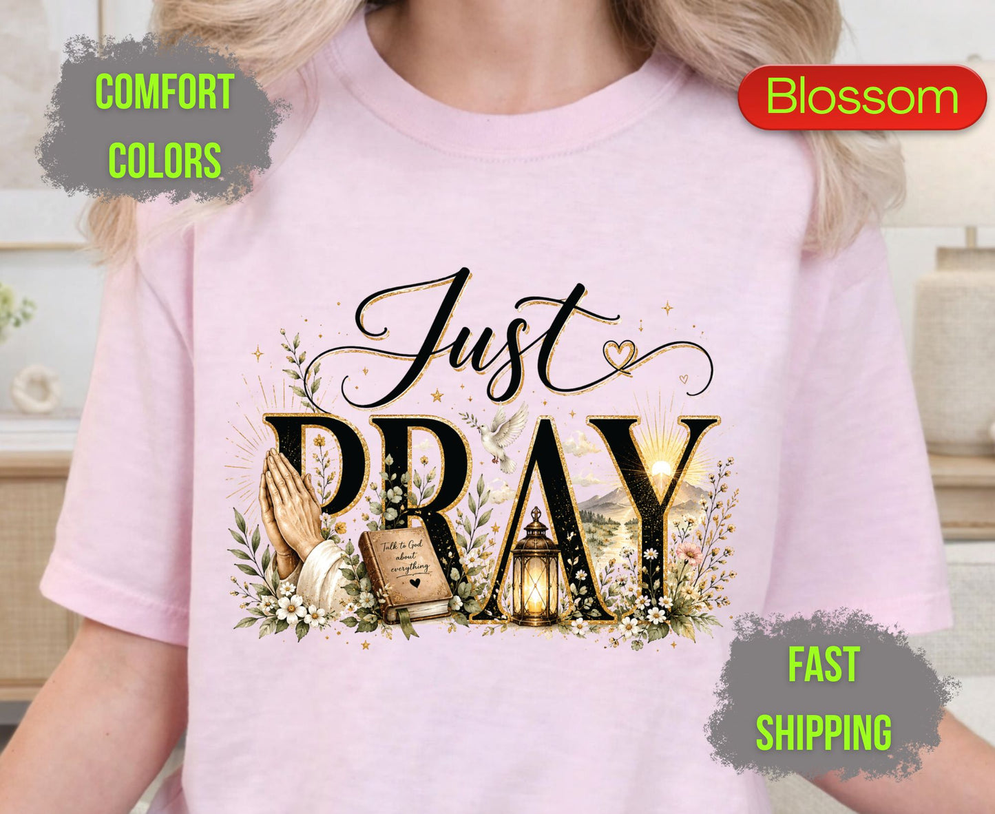 Just Pray Comfort Colors T Shirts Cute Christian Praying Hands Tee Religious Holy Bible Graphic Shirt Inspirational Faith Grace Gifts