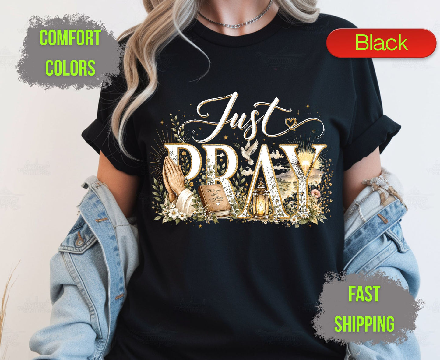 Just Pray Comfort Colors T Shirts Cute Christian Praying Hands Tee Religious Holy Bible Graphic Shirt Inspirational Faith Grace Gifts