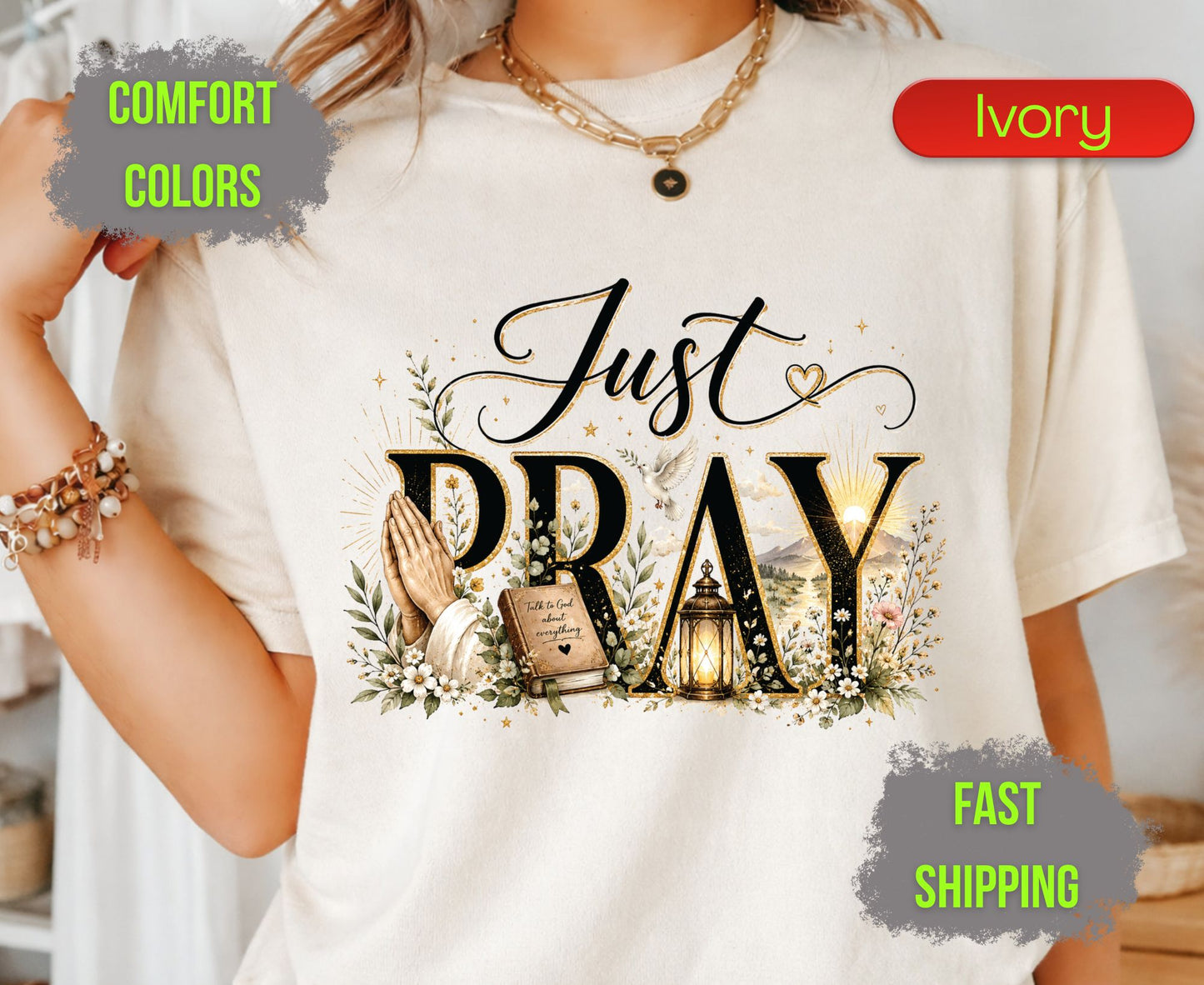 Just Pray Comfort Colors T Shirts Cute Christian Praying Hands Tee Religious Holy Bible Graphic Shirt Inspirational Faith Grace Gifts