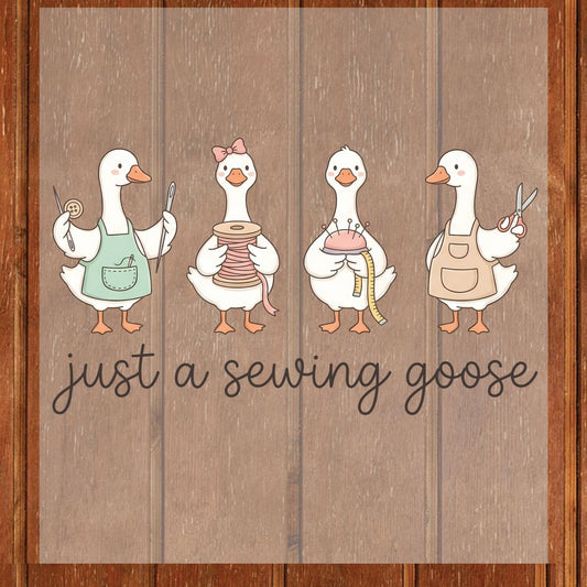Just a Sewing Goose DTF Transfer Ready to Press Cute Cartoon Duck Seamstress Tailor Crafting Gift Quilting UV Sticker Prints