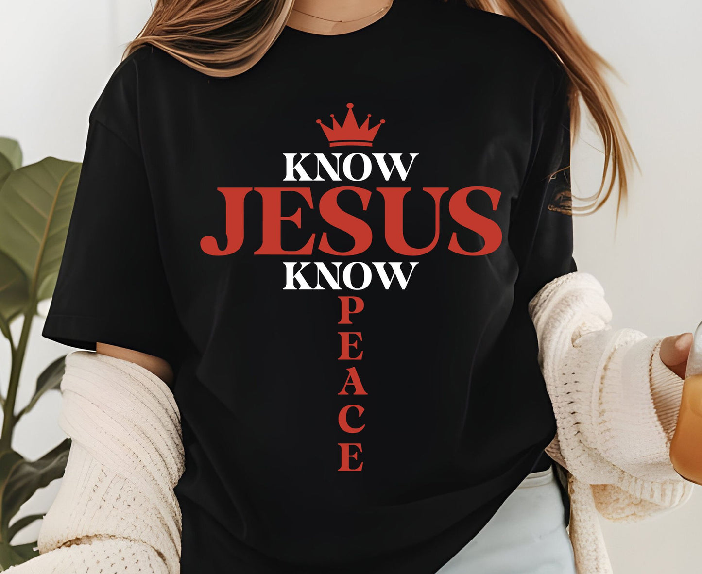 Know Jesus Know Peace T Shirt Christian Cross Tee Religious Crown Shirt Faith Gift Adult Youth Toddler Baby Sunday School Apparel