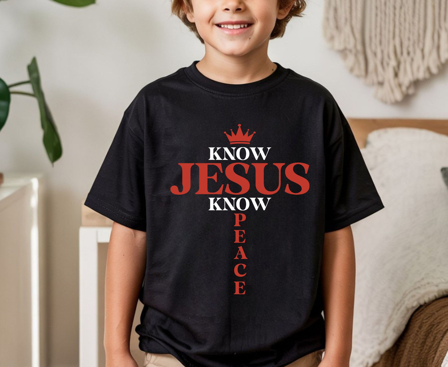 Know Jesus Know Peace T Shirt Christian Cross Tee Religious Crown Shirt Faith Gift Adult Youth Toddler Baby Sunday School Apparel